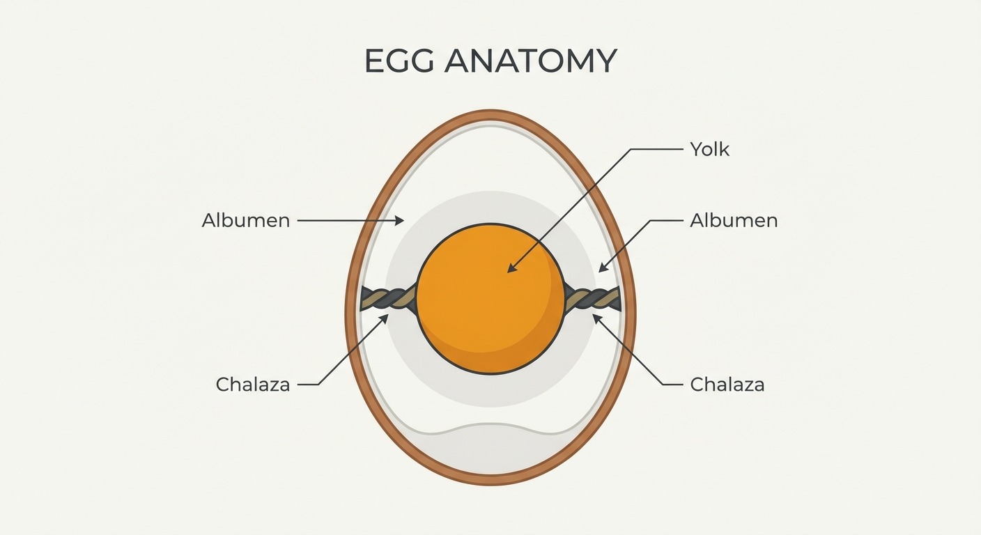 A close up of the chalaza in a fresh egg