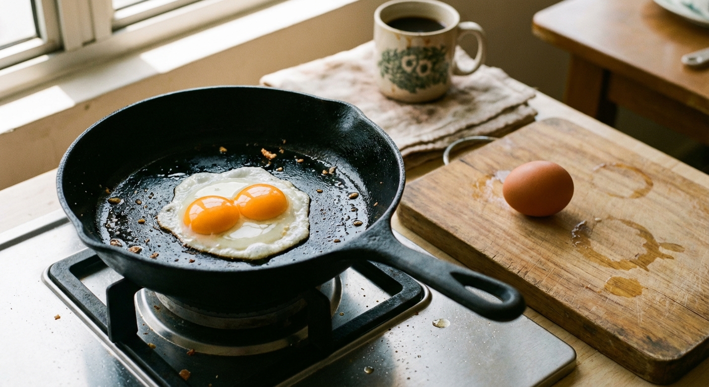 A freshly cracked egg showing two vibrant yellow yolks