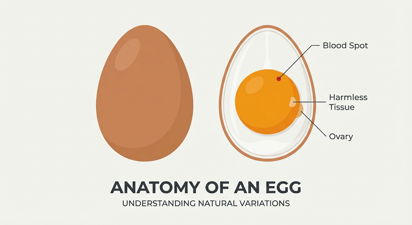 A close up of a fresh egg cracked open showing a tiny, harmless spot.