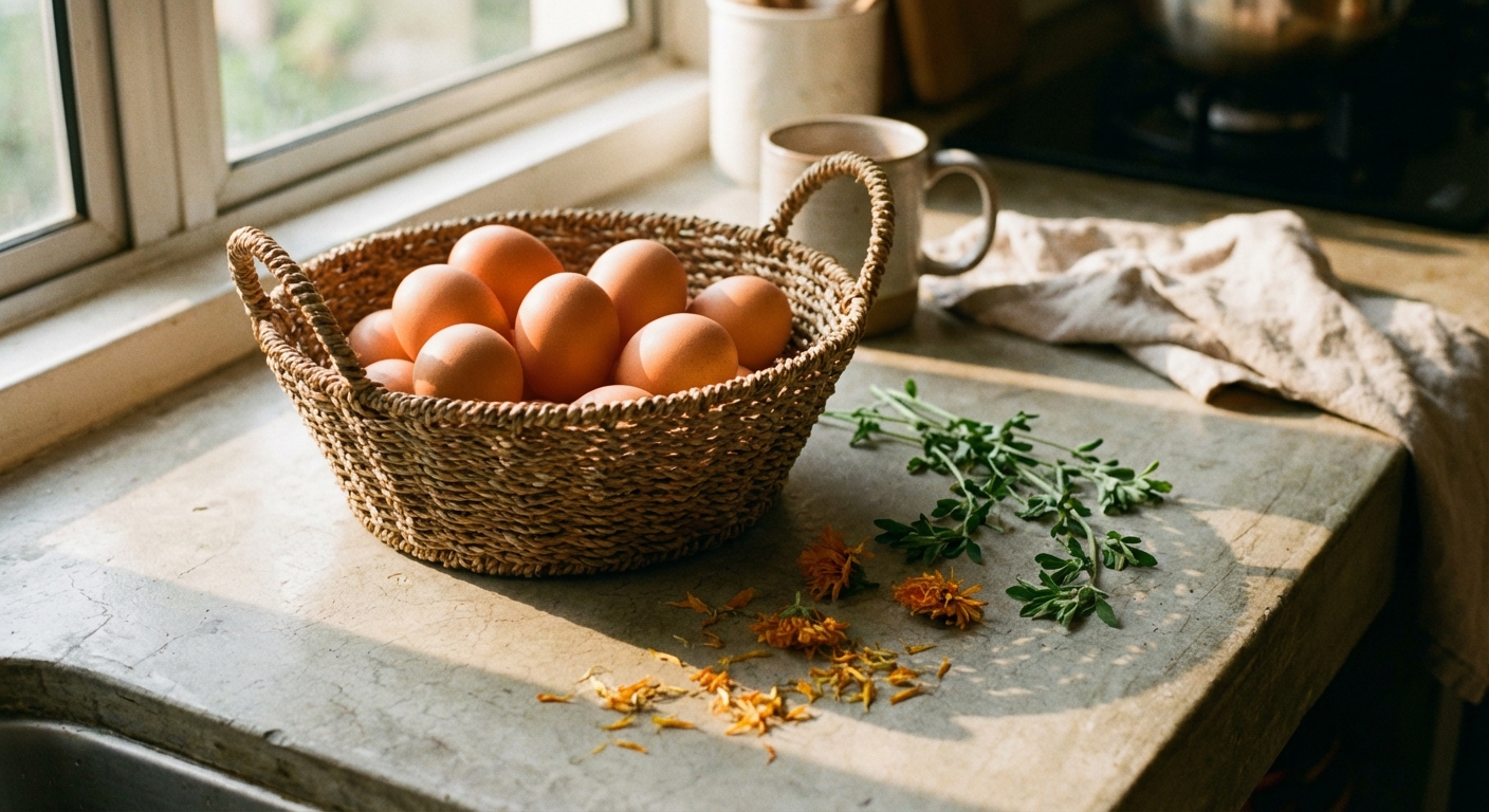 An Egghey carton next to fresh eggs