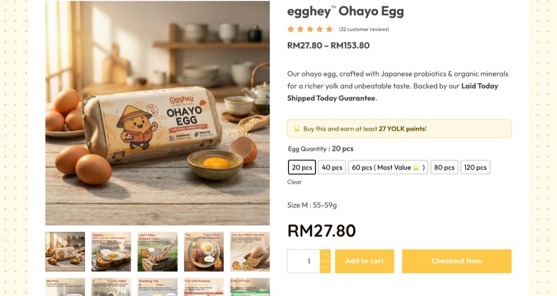 Ohayo Egg product page with quantity options and the Checkout Now button