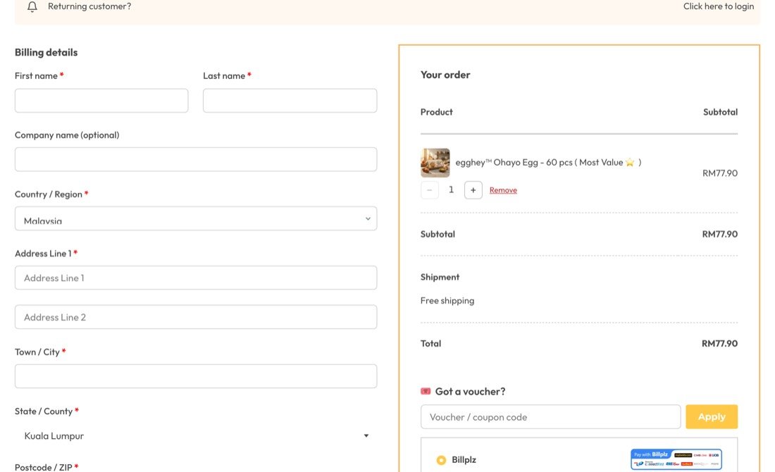 Egghey checkout page billing and delivery details form