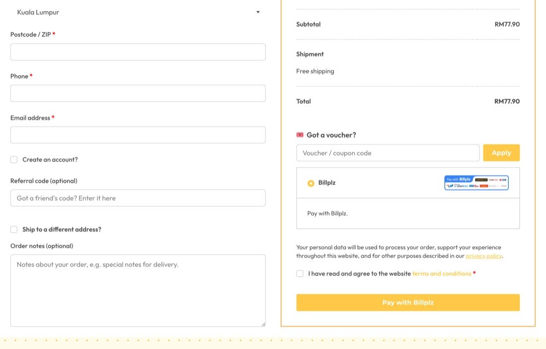 Egghey checkout payment section with the Pay with Billplz button